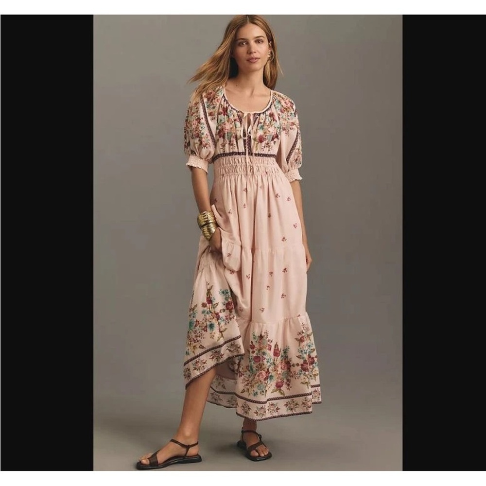 NWT Anthropologie Puff Sleeve Somerset Blush Floral Tiered Maxi Dress Small
